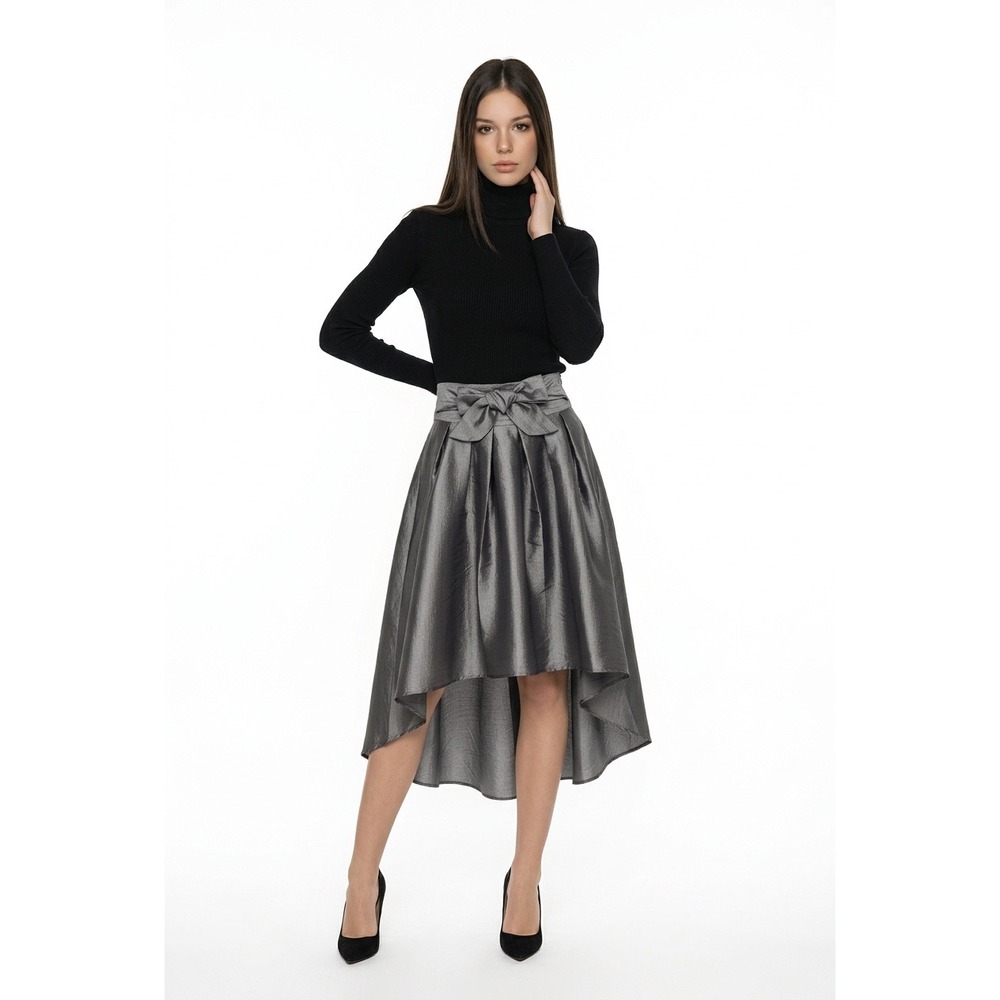Haute Monde Silver Metallic High-Low Bow Waist Pleated Party Skirt Woman Sm‎ NWT